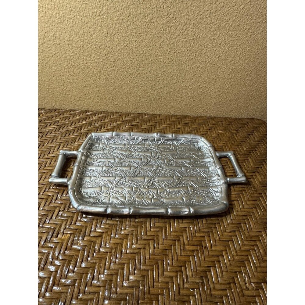 Vintage Mexican Handcrafted Aluminum Serving Tray With Handles Textured Bamboo